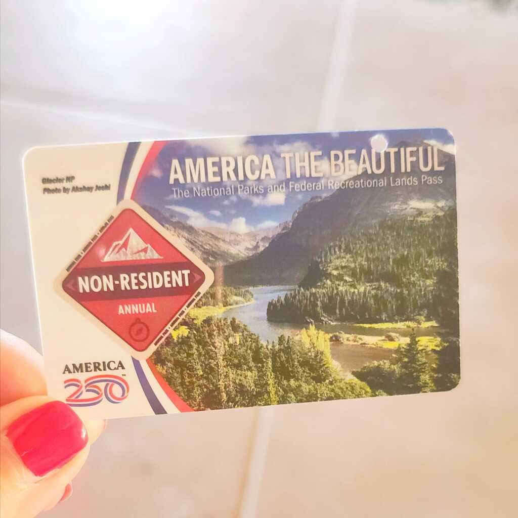 Tarjeta física del Pase Anual de Parques de EEUU America the Beautiful sobre el salpicadero de un coche de alquiler.